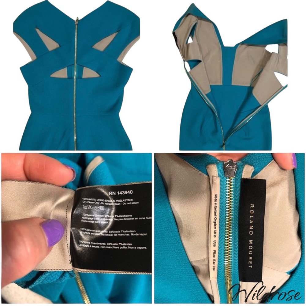 Roland Mouret Blue Green Cut Out Back Sheath Dress SZ 6 - Picture 9 of 14